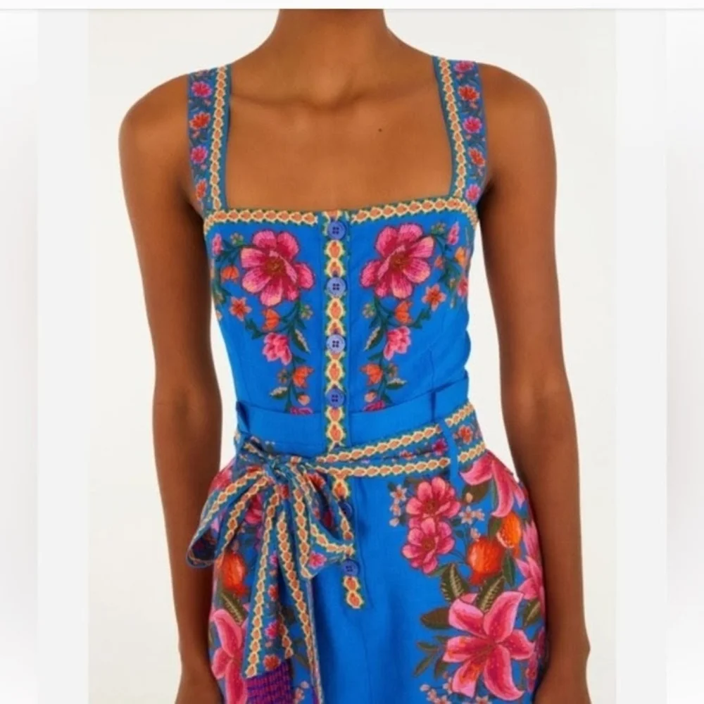 FARM RIO Blue Summer Fruit Scarf Romper
 FloraL Square Neck Wide Straps Beading - Picture 3 of 16